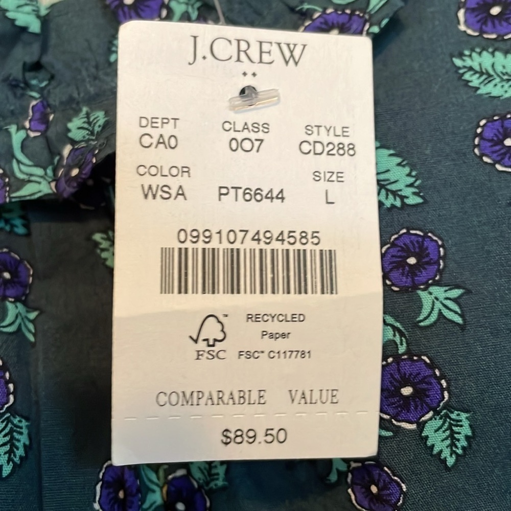 NWT J Crew L floral tunic top teal w purple flowers ruffle crew neck long sleeve - Picture 4 of 7